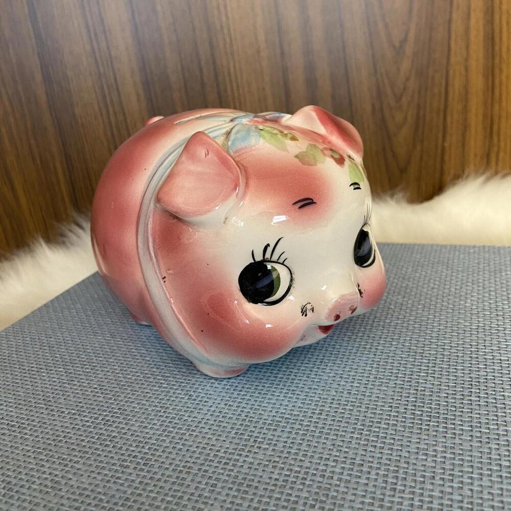 Vintage Mcm Mid‎ Century Pink Pig Ceramic Piggy Bank